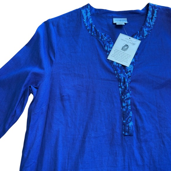 NWT Jaclyn Smith Collection Blue Linen Blend Sequin Tunic Top Sz L Coastal Chic - Picture 4 of 9